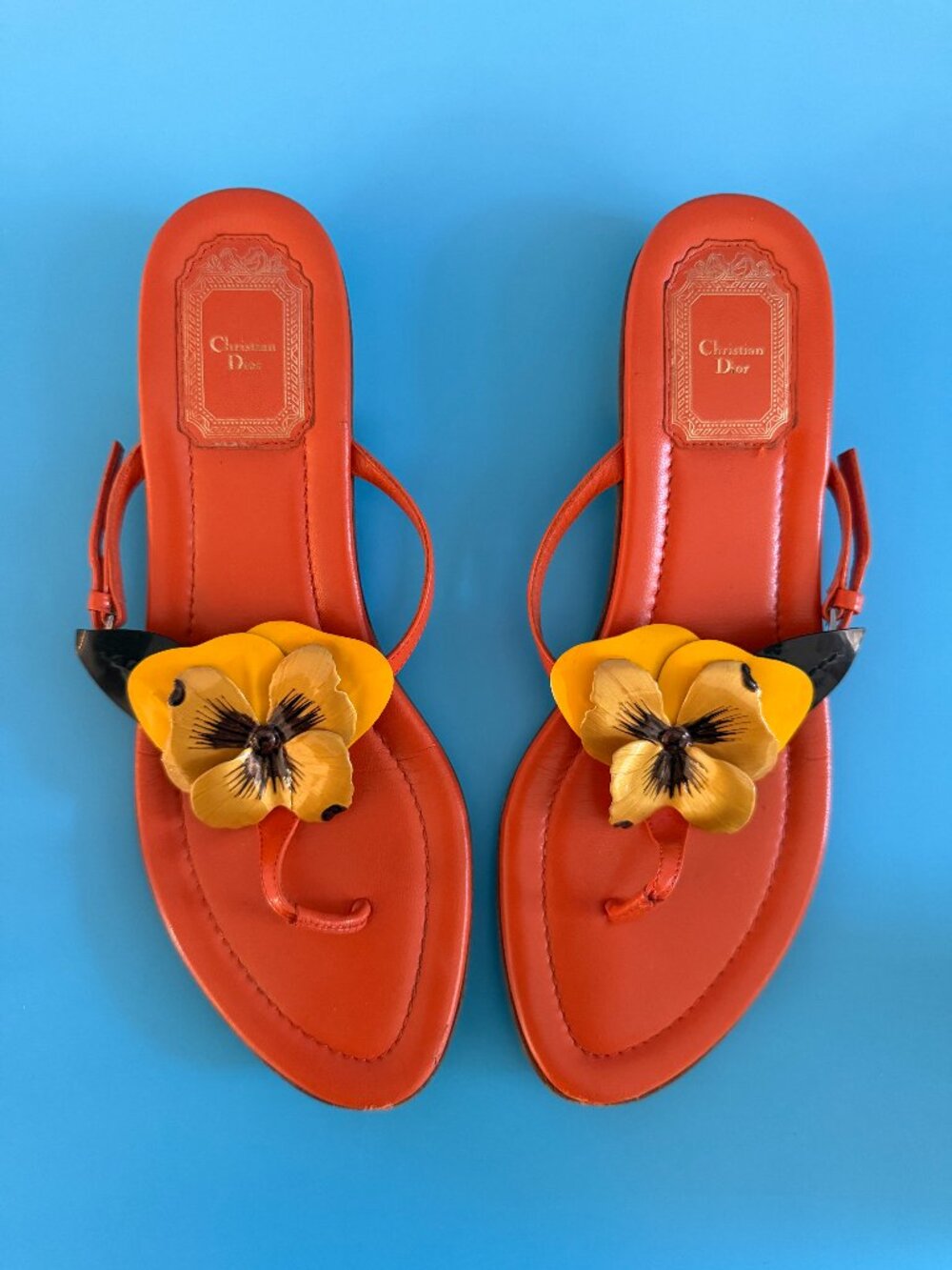 Christian Dior John Galliano Pansy Thong Sandals Orange Leather 39